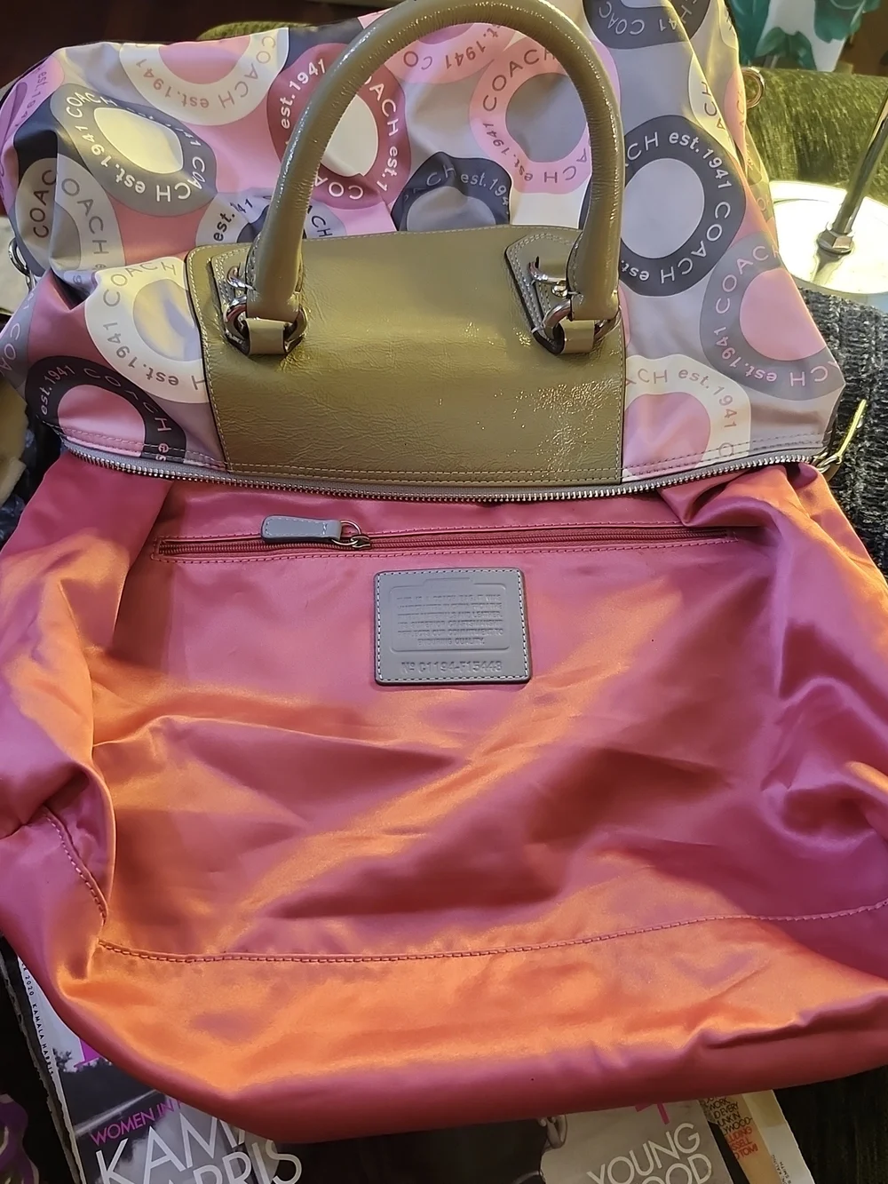 Coach Ashley Snaphead Satchel W/Pink & Olive Circle-Print Satin & Patent Trim - Picture 12 of 16